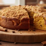 Pumpkin Coffee Cake with streusel topping and coffee