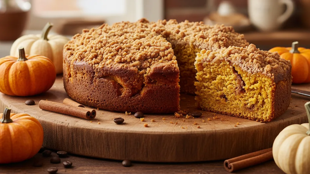 Pumpkin Coffee Cake with streusel topping and coffee