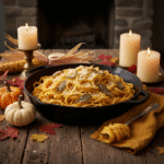 Pumpkin pasta Alfredo in skillet with creamy sauce