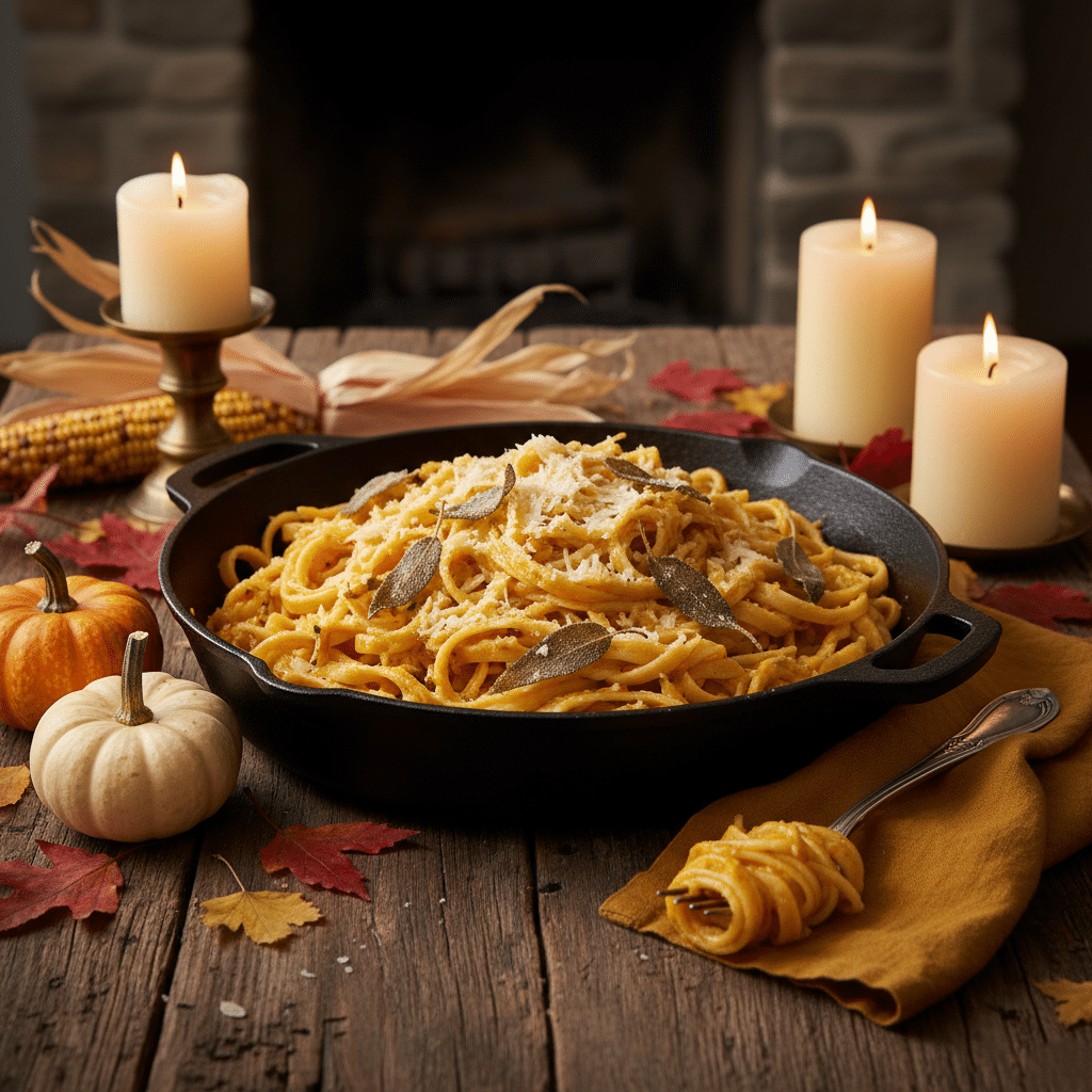 Pumpkin pasta Alfredo in skillet with creamy sauce