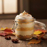 Pumpkin Spice Cheesecake Mousse served in a glass jar with whipped cream