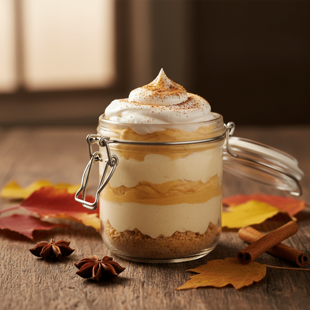 Pumpkin Spice Cheesecake Mousse served in a glass jar with whipped cream