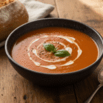 Roasted Tomato Basil Soup served in rustic bowl with basil and bread