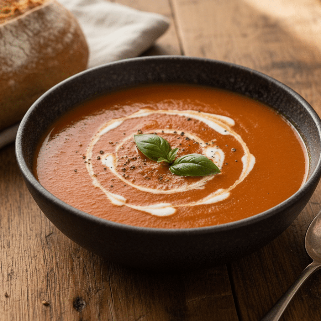 Roasted Tomato Basil Soup served in rustic bowl with basil and bread