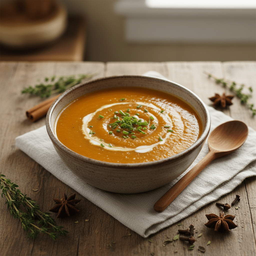 Sweet Potato and Apple Soup in a rustic bowl with herbs and cream swirl