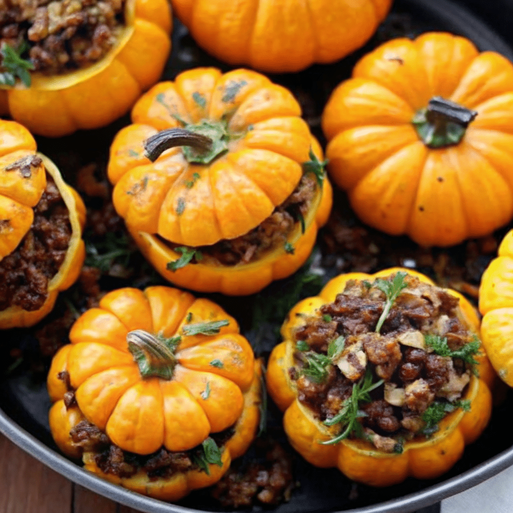 Stuffed mini pumpkins baked with savory fillings