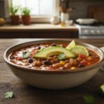Turkey Taco Soup served with healthy toppings