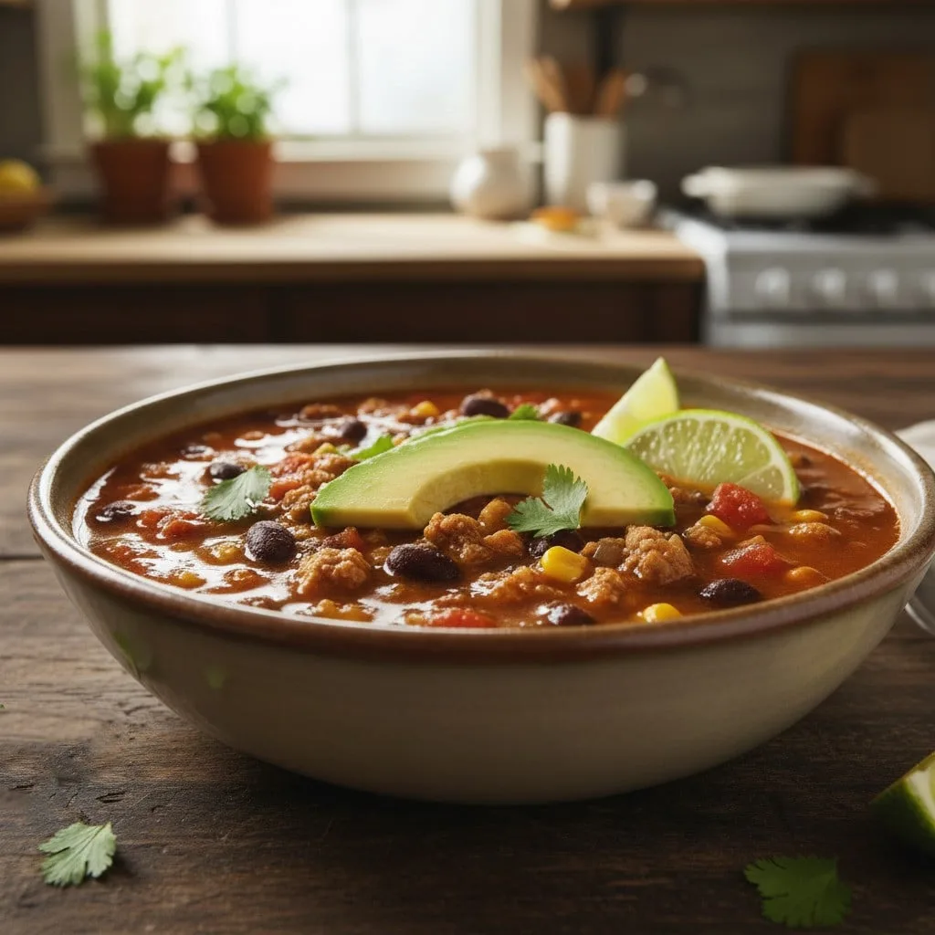 Turkey Taco Soup โ Healthy, Quick & Easy 30-Minute Recipe Turkey Taco Soup Turkey Taco Soup served with healthy toppings