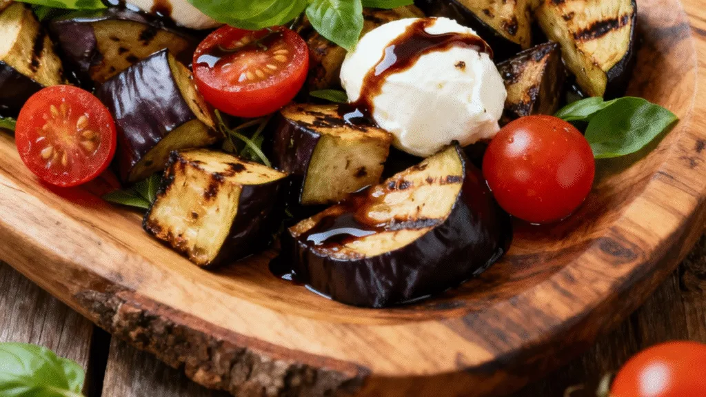 Vibrant Aubergine and Tomato Salad with Balsamic Glaze