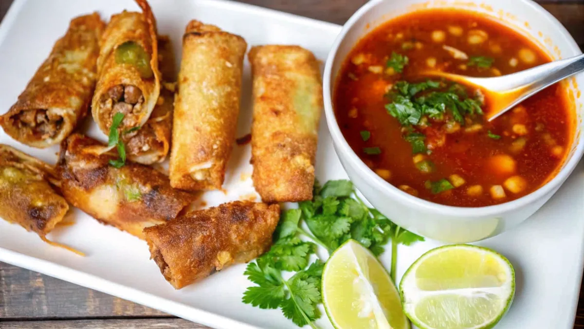 Birria Egg Rolls: Crispy Fusion Bites Bursting with Flavor Birria Egg Rolls Birria Egg Rolls with consommé dipping sauce on platter
