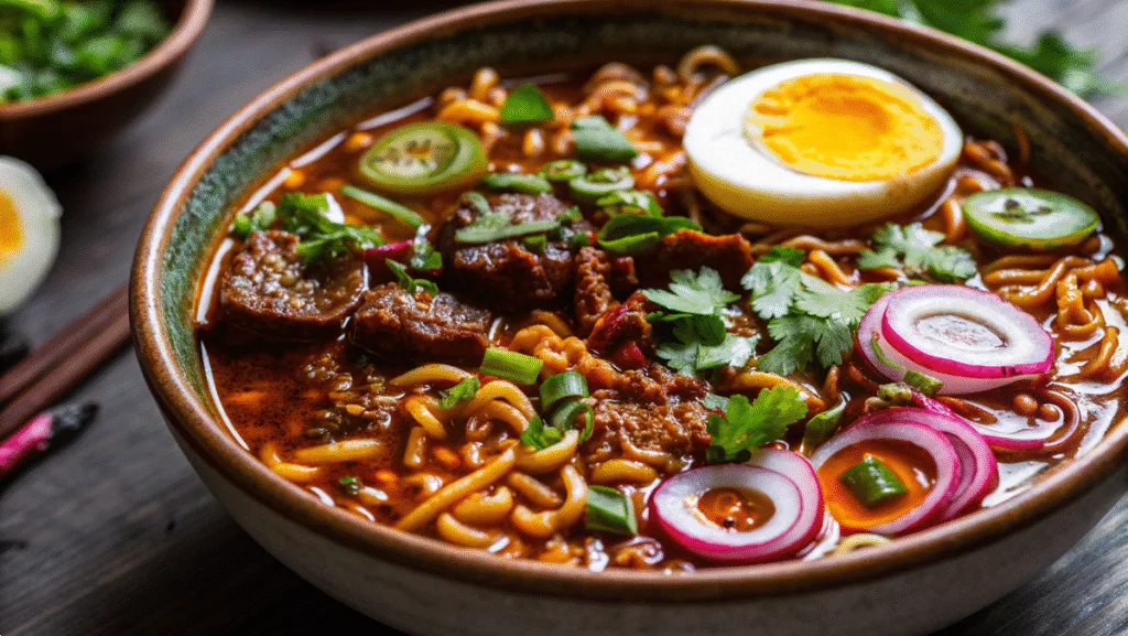 Birria Ramen Fusion with beef, consommé, and noodles