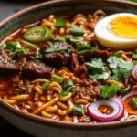 Birria Ramen Fusion with beef, consommé, and noodles