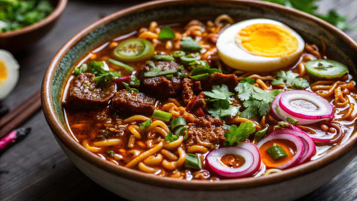 Birria Ramen Fusion with beef, consommé, and noodles