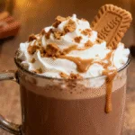 Biscoff Hot Chocolate topped with whipped cream and cookie crumbs on a rustic table.