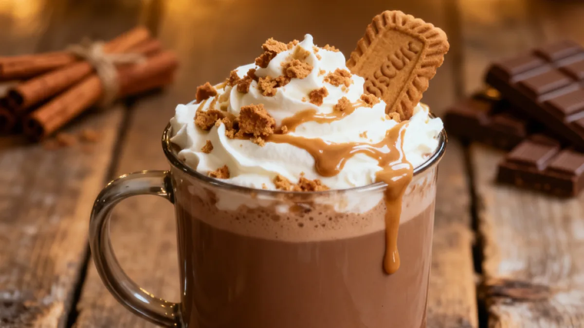 Biscoff Hot Chocolate - The Ultimate Cozy Winter Drink Biscoff Hot Chocolate Biscoff Hot Chocolate topped with whipped cream and cookie crumbs on a rustic table.