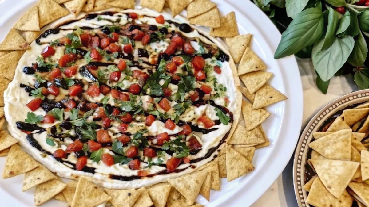 Bruschetta Dip with tomatoes, basil, and balsamic served with crostini