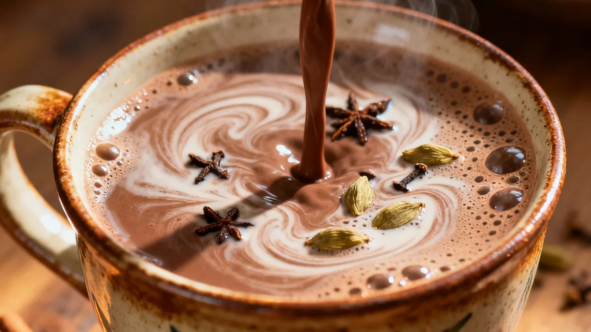 Chai Spiced Hot Chocolate: Rich, Creamy, and Perfectly Cozy Chai Spiced Hot Chocolate Thick chai spiced hot chocolate poured into a rustic mug with steam and frothed milk.