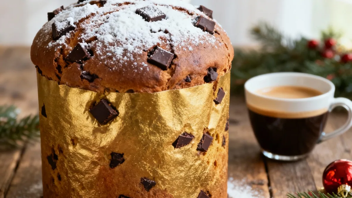 Chocolate Panettone Recipe: Decadent, Soft & Flavorful Chocolate Panettone Chocolate panettone recipe with dark chocolate chunks and powdered sugar