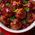 Christmas Cranberry Meatballs glazed with cranberry sauce and herbs