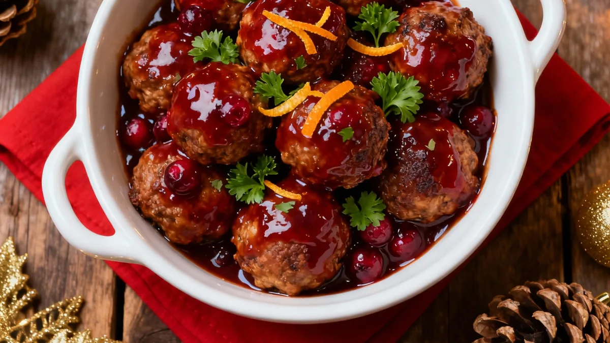 Christmas Cranberry Meatballs glazed with cranberry sauce and herbs