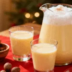Christmas Eggnog Recipe Serving Pitcher and Glasses on Holiday Table