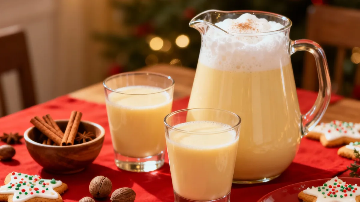 The Ultimate Christmas Eggnog Recipe: Ditch the Store-Bought Stuff, This is the Real Deal! Christmas Eggnog Recipe Christmas Eggnog Recipe Serving Pitcher and Glasses on Holiday Table