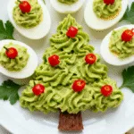 Festive platter of Christmas Tree Deviled Eggs decorated with red peppers and parsley on a holiday table.