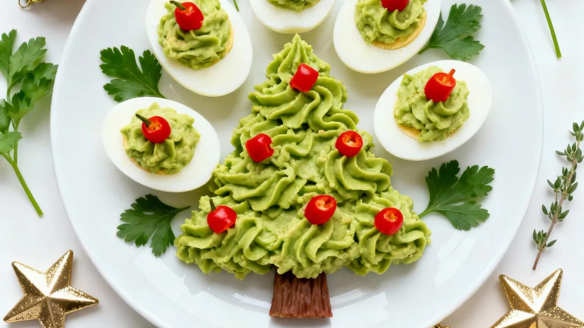 Christmas Tree Deviled Eggs – The Cutest Holiday Appetizer to Impress Christmas Tree Deviled Eggs Festive platter of Christmas Tree Deviled Eggs decorated with red peppers and parsley on a holiday table.