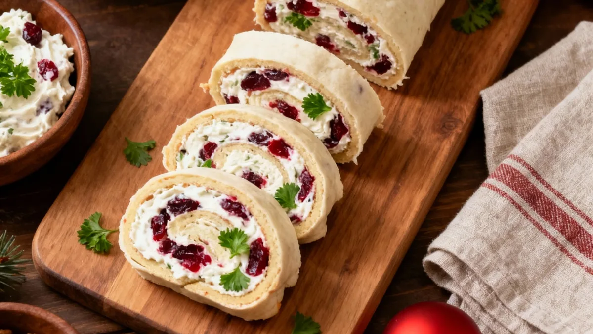 Close-up of sliced Christmas Cranberry Roll Ups showing creamy cranberry and herb filling on a rustic wooden board.