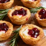 Festive Cranberry Brie Bites appetizer with melted brie and cranberry sauce.