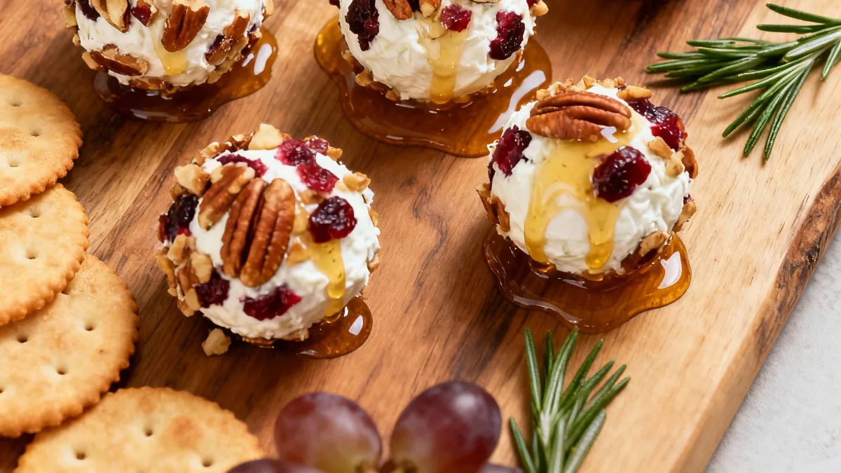 Cranberry Pecan Goat Cheese Balls with pecans, cranberries, and honey drizzle