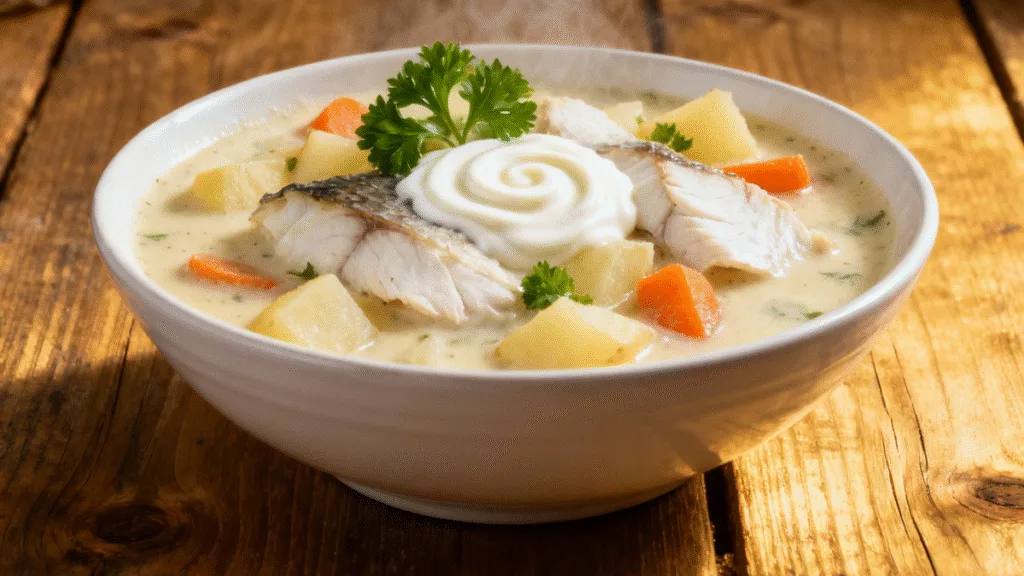 Creamy Fish Chowder in a rustic bowl with parsley garnish