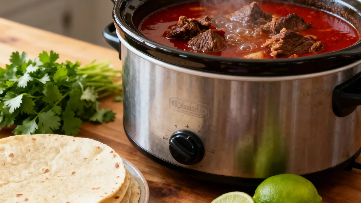 Crockpot Mexican Beef Birria - The Ultimate Slow Cooker Recipe for Rich Flavor Crockpot Mexican Beef Birria Crockpot Mexican Beef Birria simmering in rustic kitchen