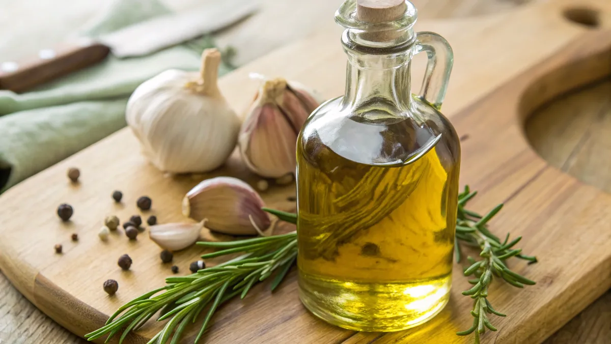Easy Garlic Infused Olive Oil: Your Culinary Secret Weapon Garlic Infused Olive Oil Easy garlic infused olive oil in a clear bottle with fresh garlic cloves and rosemary