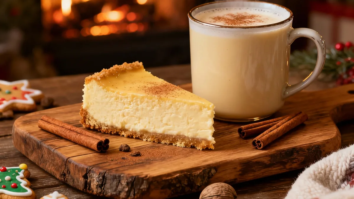 Eggnog Cheesecake: Your New Holiday Obsession Eggnog Cheesecake Festive Eggnog Cheesecake with Nutmeg and Whipped Cream Topping