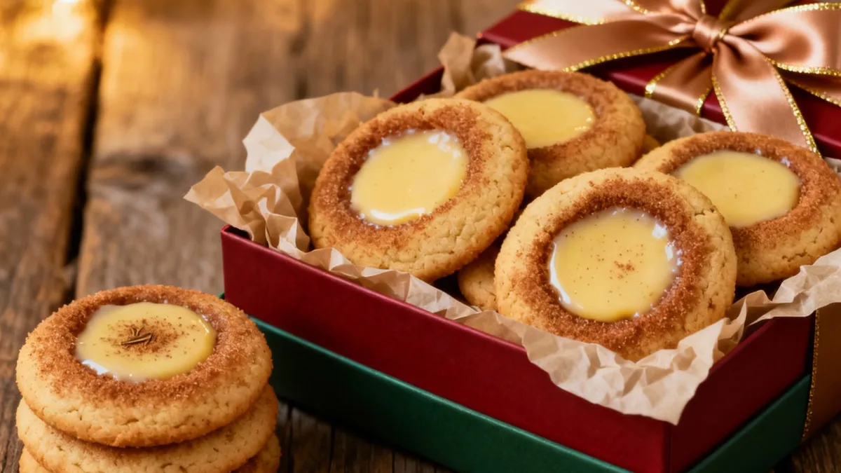 Eggnog Snickerdoodle Thumbprint Cookies: A Festive Delight! Eggnog Snickerdoodle Eggnog Snickerdoodle Thumbprint Cookies featured on a rustic board with festive decor