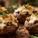 Festive Stuffed Mushrooms on a holiday platter with cheese and herbs