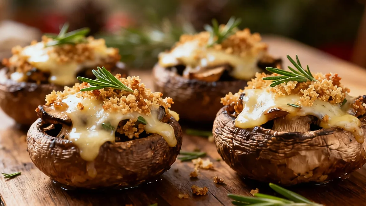 Festive Stuffed Mushrooms - The Perfect Holiday Appetizer to Impress Festive Stuffed Mushrooms Festive Stuffed Mushrooms on a holiday platter with cheese and herbs