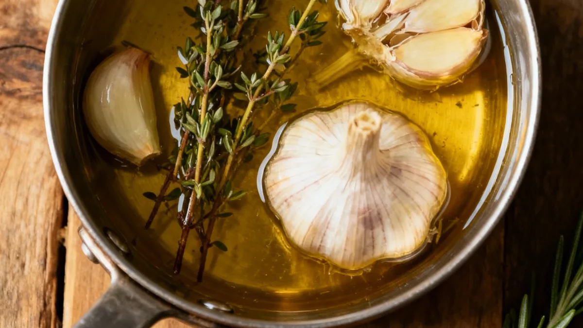 Garlic Confit Recipe: Creamy, Versatile & Safe garlic confit recipe Garlic confit recipe cooking in olive oil with herbs