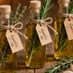 Garlic Oil bottles as gourmet gifts with fresh herbs and rustic labels