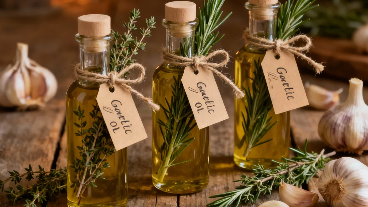 The Easiest Garlic Oil Recipe You'll Ever Make (Seriously!) Garlic Oil Garlic Oil bottles as gourmet gifts with fresh herbs and rustic labels