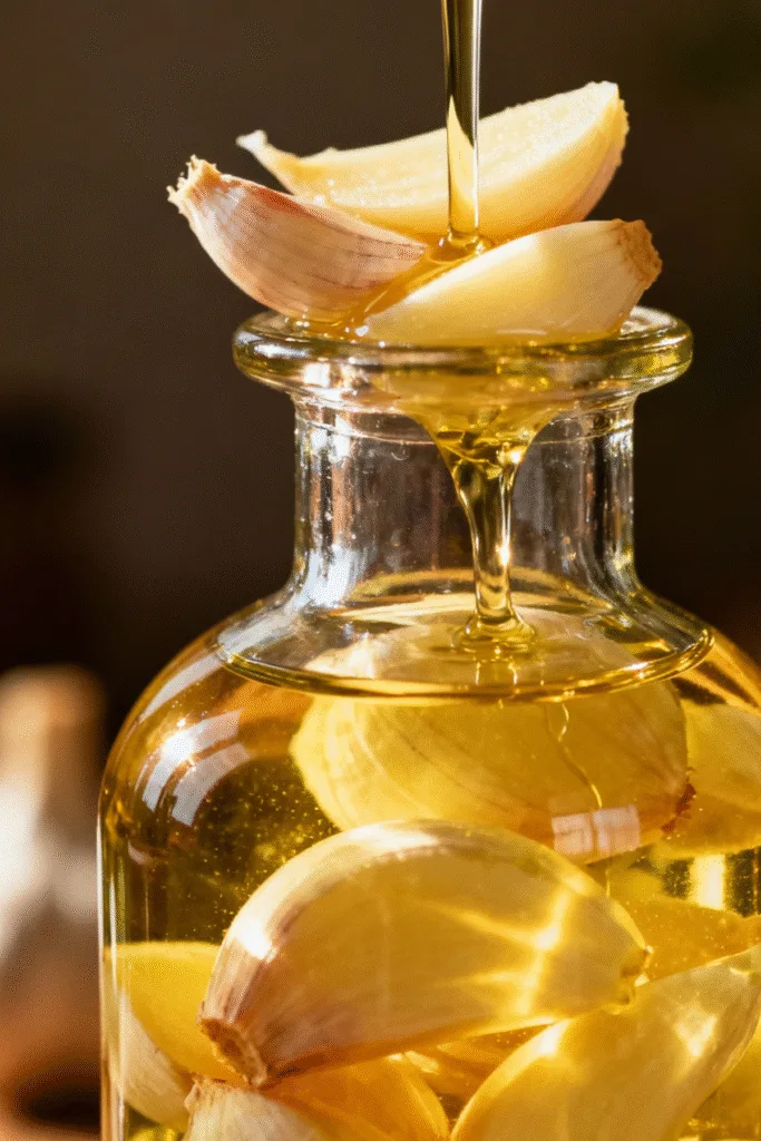 The Easiest Garlic Oil Recipe You'll Ever Make (Seriously!) Garlic Oil Process of infusing garlic into olive oil in glass bottle