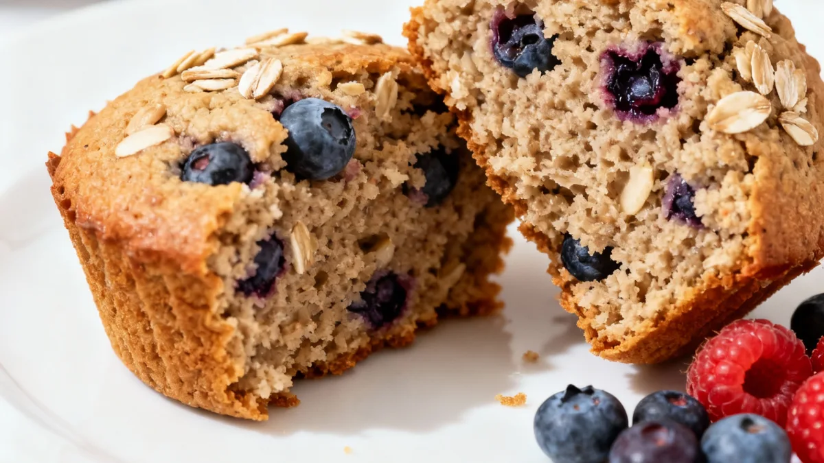 High-Fiber Breakfast Muffins: Delicious & Energizing Start High-Fiber Breakfast Muffins Close-up of a high-fiber breakfast muffins, split open to show its delicious berry and oat-filled interior.