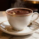 Steaming Italian hot chocolate being poured into a mug beside a finished cup with whipped cream.