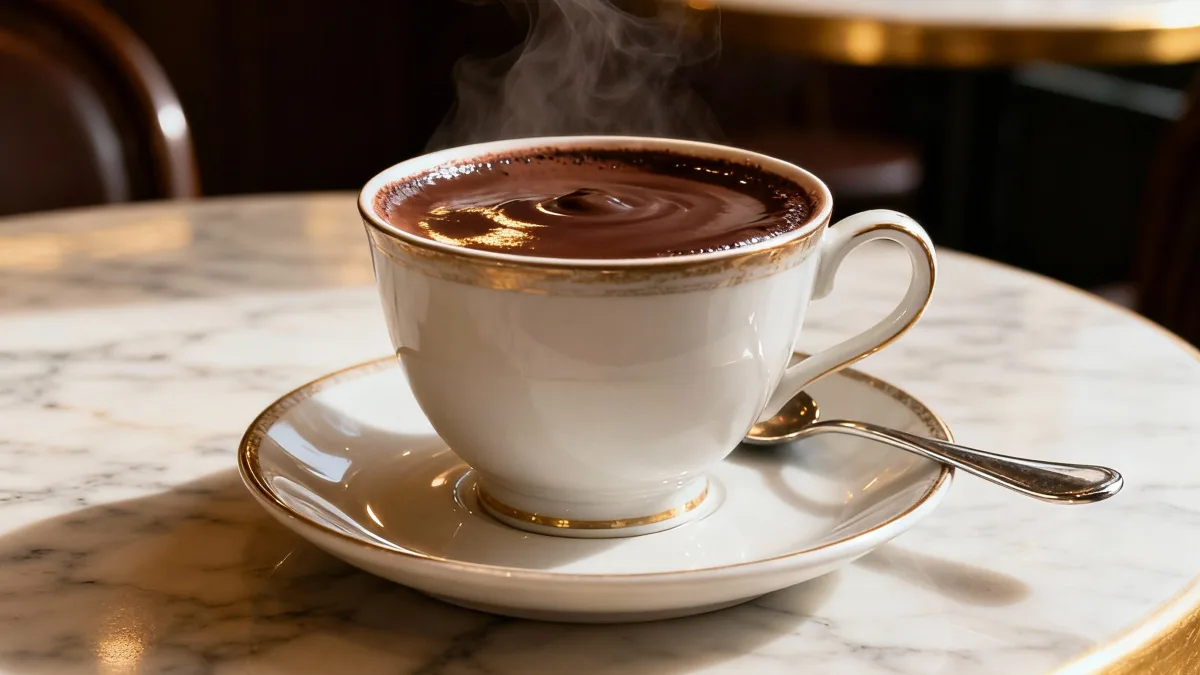 Italian Hot Chocolate (Cioccolata Calda): Thick, Decadent & Authentic Italian hot chocolate Steaming Italian hot chocolate being poured into a mug beside a finished cup with whipped cream.