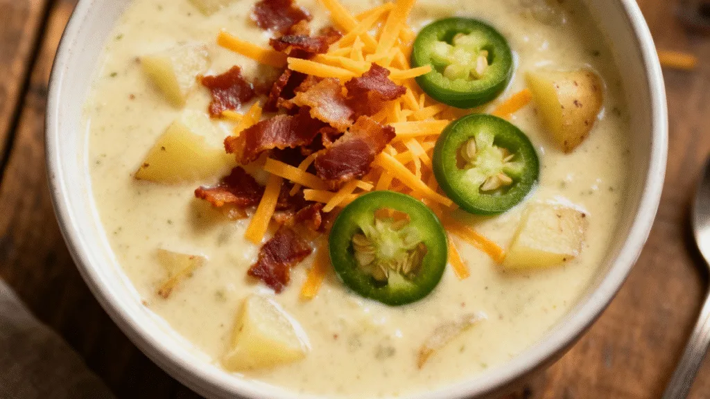 Delicious Jalapeño Popper Potato Soup with bacon and cheese