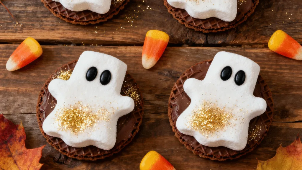 Adorable Marshmallow Ghost Cookies with candy eyes and sanding sugar.