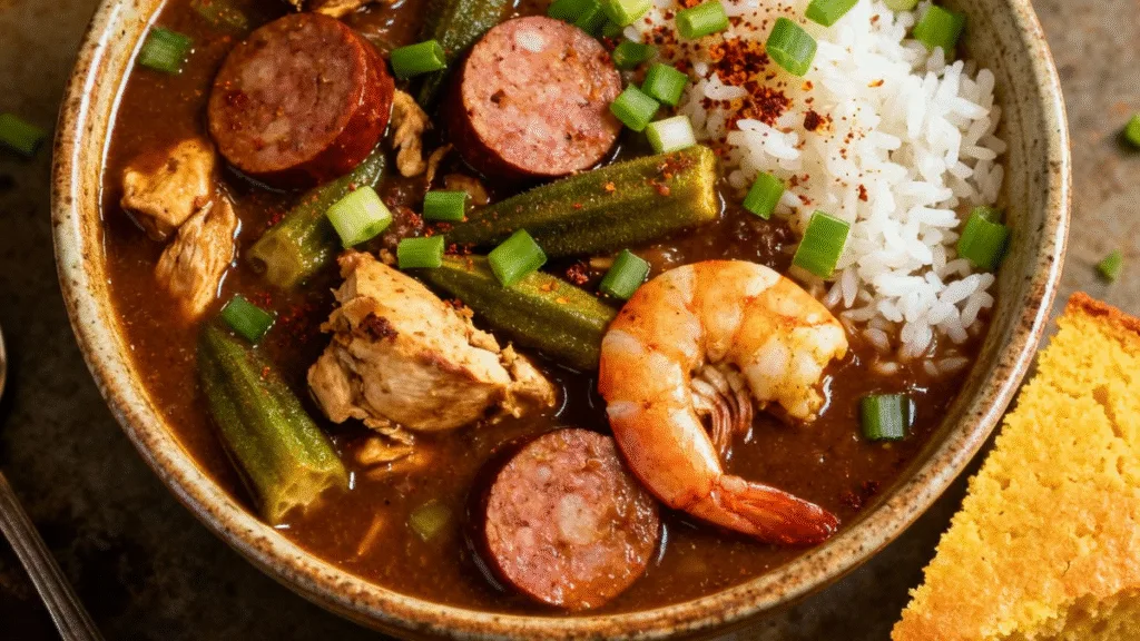 Authentic New Orleans gumbo recipe with sausage, chicken, shrimp, and rice.