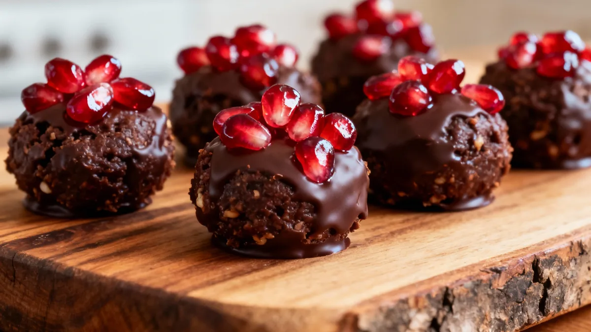 No-Bake Chocolate Pomegranate Bites: Your New Fave Sweet Treat! No-Bake Chocolate Pomegranate Bites No-Bake Chocolate Pomegranate Bites on Rustic Board