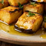 Perfect roasted eggplant cubes, seasoned with herbs and glistening with olive oil.
